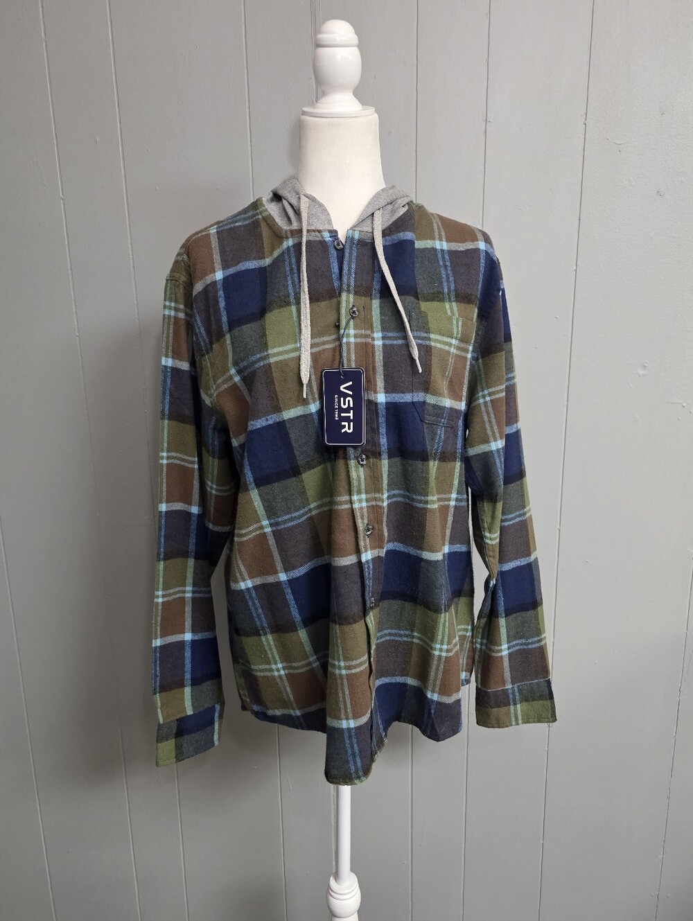 VSTR Green, Blue And Brown Flannel Hooded Shirt Size L
